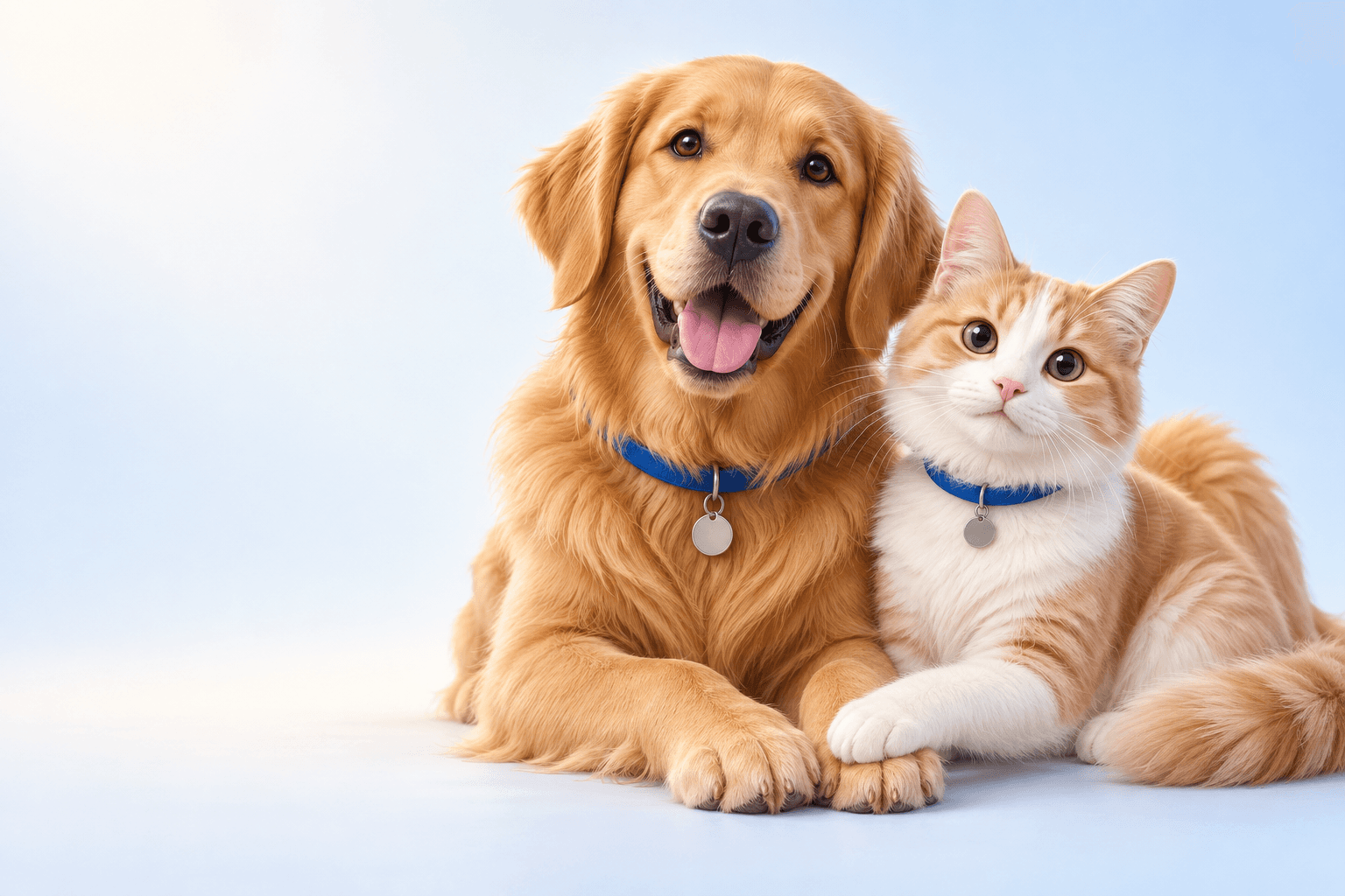A golden dog and a cat sitting together, wearing blue collars