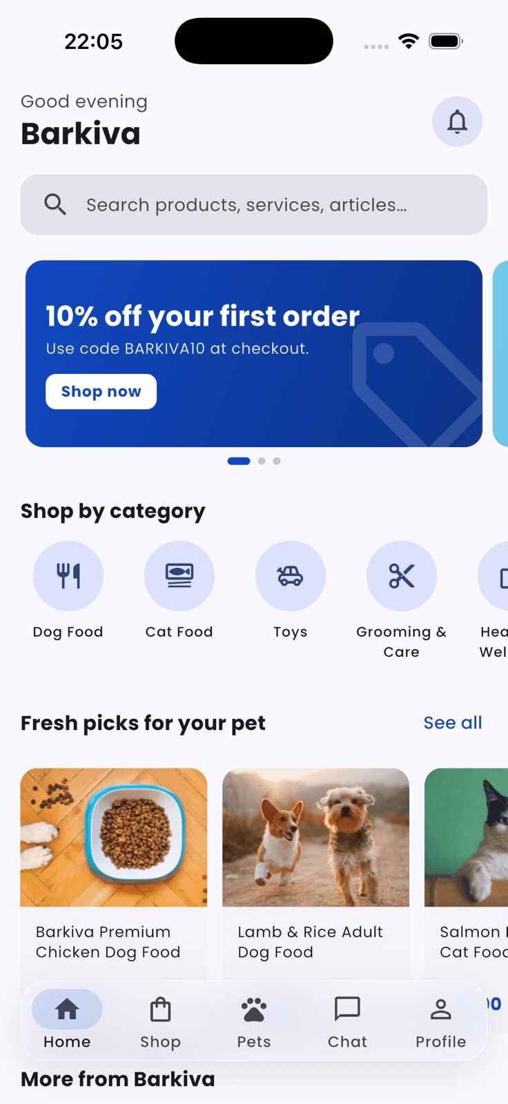 Barkiva mobile app home screen