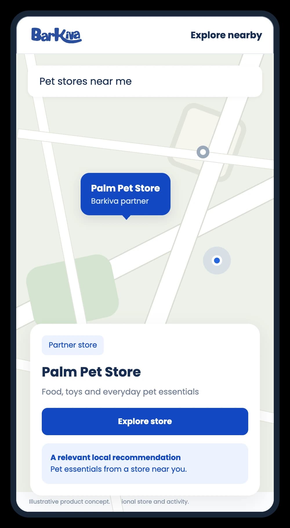 Illustrative customer map with a prominent Palm Pet Store partner marker and store profile
