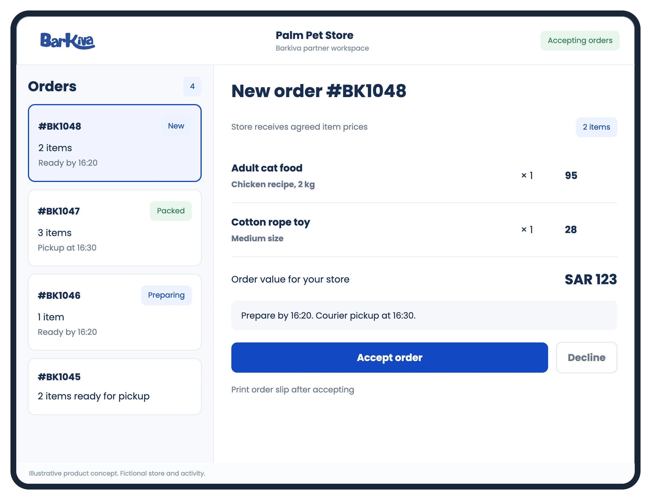 Illustrative POS app showing incoming orders, order items, accept and decline controls and a scheduled pickup