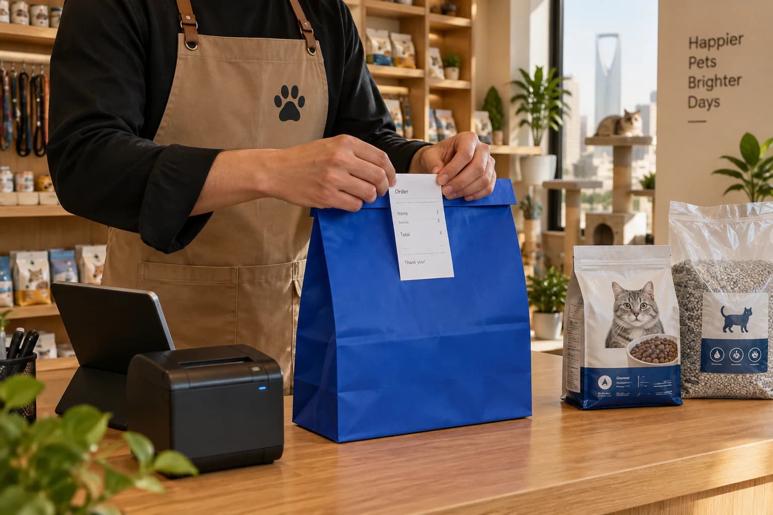 An order slip is attached to a blue bag beside a tablet and thermal printer
