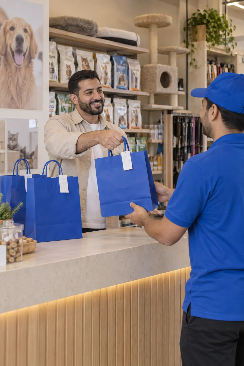 A pet shop owner hands a packed blue bag to a courier, with more orders ready for collection