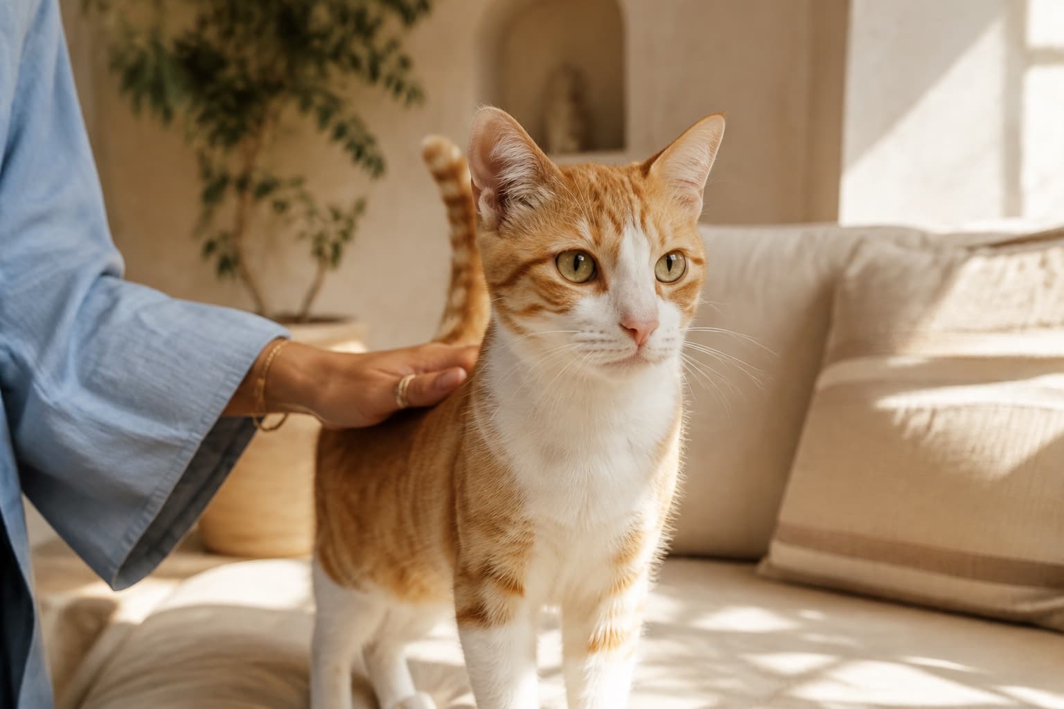 An adopter gently stroking a cat at home