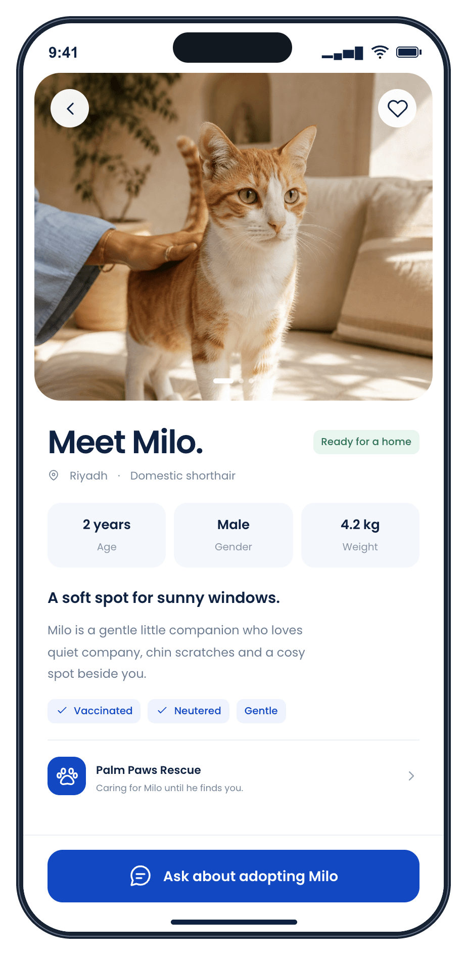 Demo adoption profile for Milo with his story, traits and an adoption enquiry action