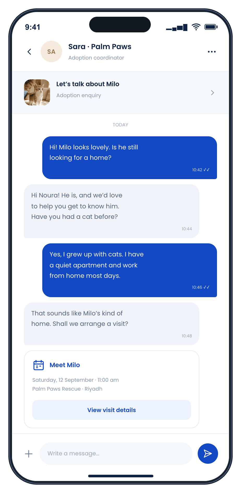 Planned in-app chat concept showing an adoption conversation