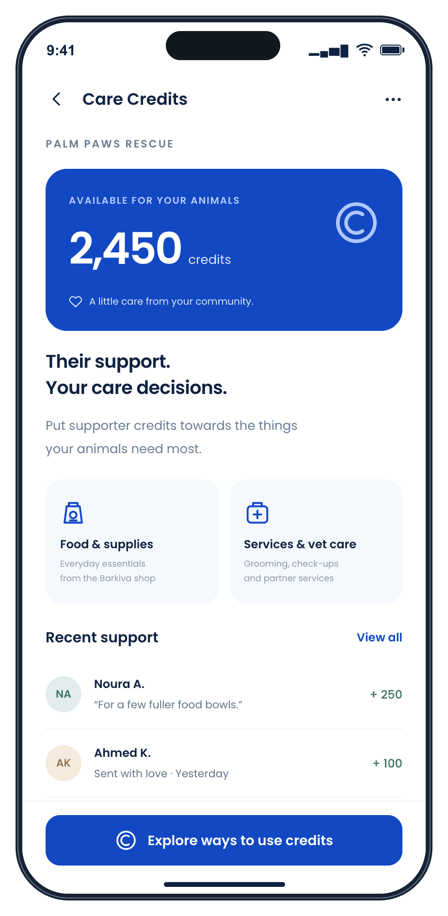 Planned Care Credits concept showing support received and ways to use credits