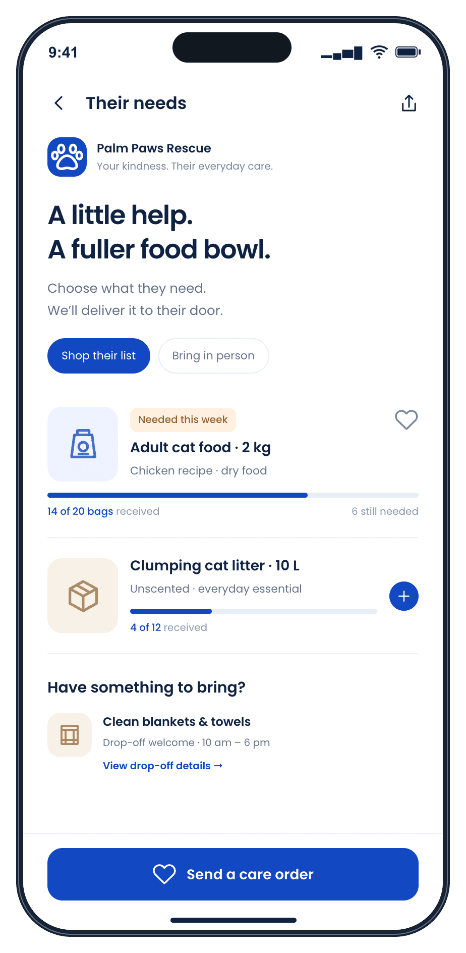 Demo app needs list with cat food, litter and a request for clean blankets