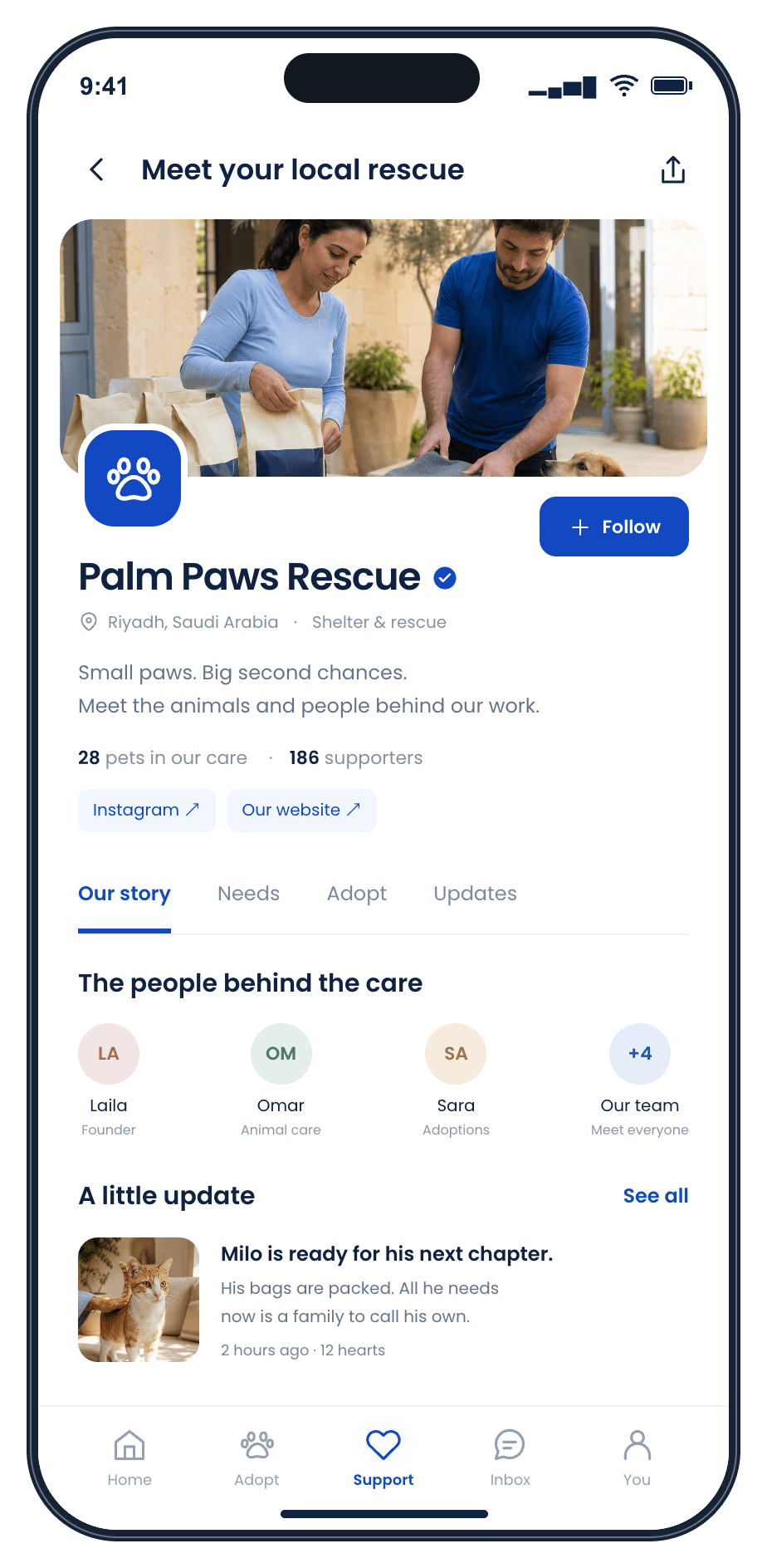 Demo rescue organization profile with follow action, team, news and social links