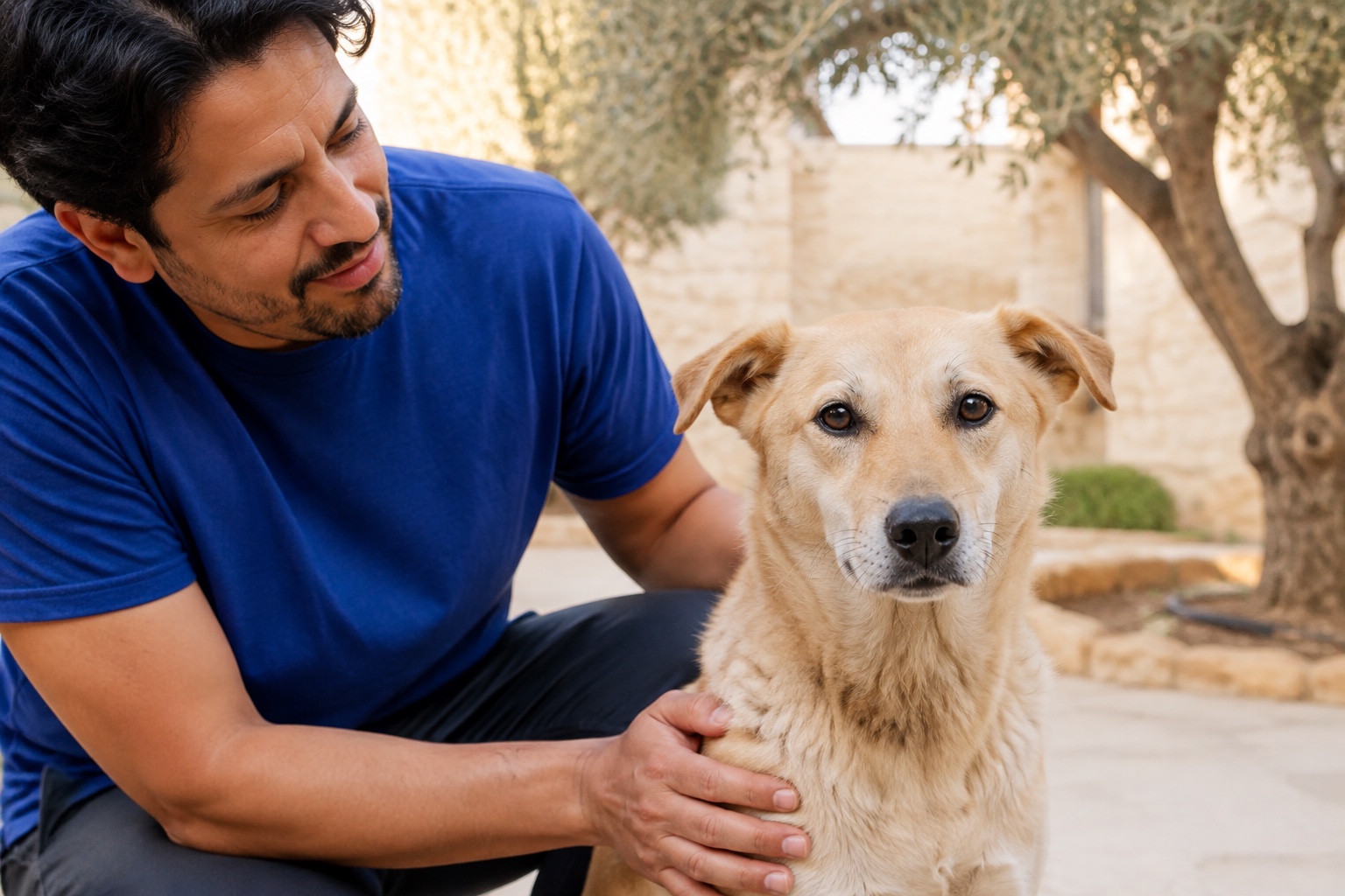 A volunteer sharing a quiet moment with a rescue dog